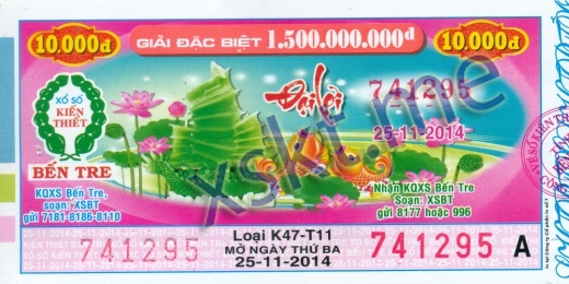 Mẫu vé sô xổ số Bến Tre ngày 25/11/2014