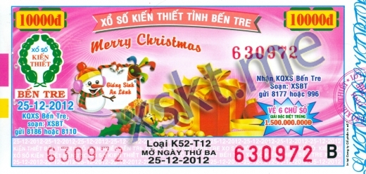 Mẫu vé sô xổ số Bến Tre ngày 25/12/2012