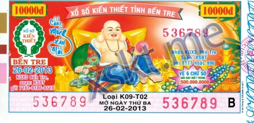 Mẫu vé sô xổ số Bến Tre ngày 26/2/2013