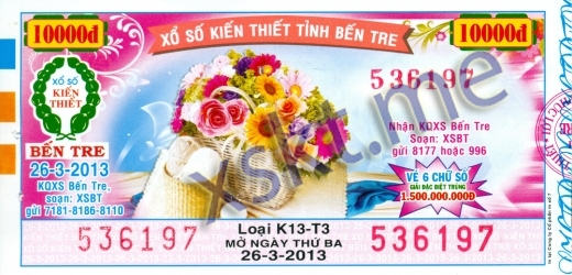 Mẫu vé sô xổ số Bến Tre ngày 26/3/2013