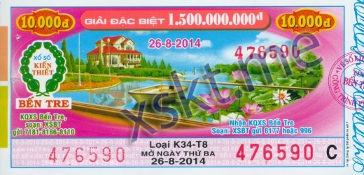 Mẫu vé sô xổ số Bến Tre ngày 26/8/2014