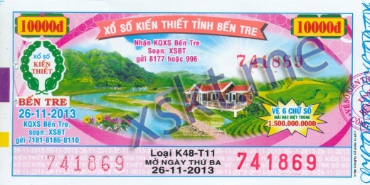 Mẫu vé sô xổ số Bến Tre ngày 26/11/2013