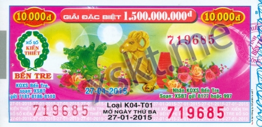 Mẫu vé sô xổ số Bến Tre ngày 27/1/2015