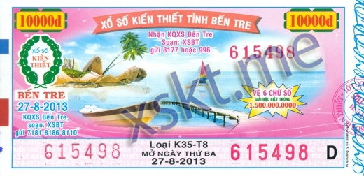 Mẫu vé sô xổ số Bến Tre ngày 27/8/2013