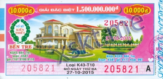 Mẫu vé sô xổ số Bến Tre ngày 27/10/2015