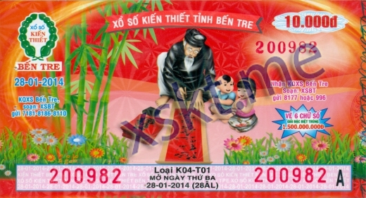 Mẫu vé sô xổ số Bến Tre ngày 28/1/2014