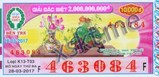 Mẫu vé sô xổ số Bến Tre ngày 28/3/2017