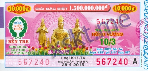 Mẫu vé sô xổ số Bến Tre ngày 28/4/2015