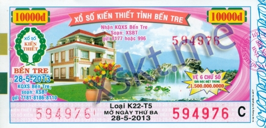 Mẫu vé sô xổ số Bến Tre ngày 28/5/2013
