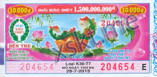 Mẫu vé sô xổ số Bến Tre ngày 28/7/2015
