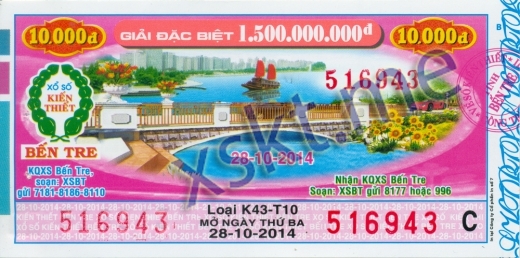 Mẫu vé sô xổ số Bến Tre ngày 28/10/2014