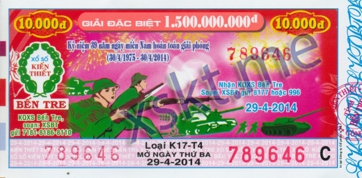 Mẫu vé sô xổ số Bến Tre ngày 29/4/2014