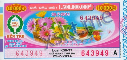 Mẫu vé sô xổ số Bến Tre ngày 29/7/2014