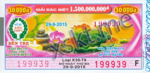Mẫu vé sô xổ số Bến Tre ngày 29/9/2015