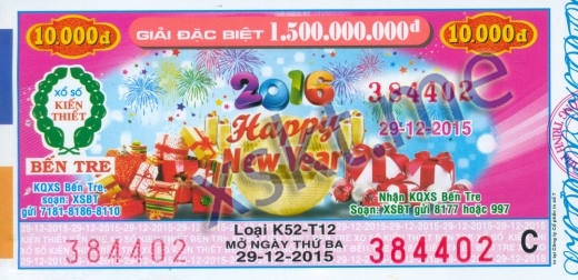 Mẫu vé sô xổ số Bến Tre ngày 29/12/2015