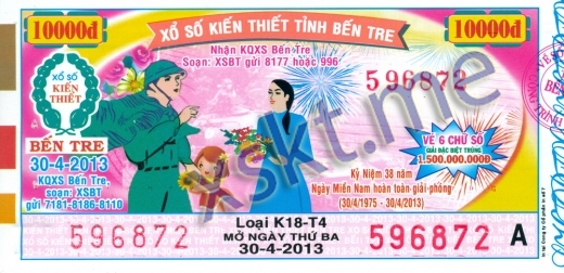 Mẫu vé sô xổ số Bến Tre ngày 30/4/2013