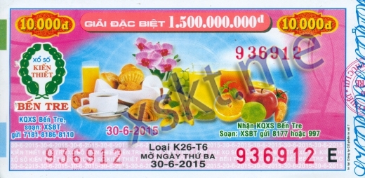 Mẫu vé sô xổ số Bến Tre ngày 30/6/2015