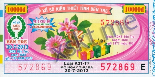 Mẫu vé sô xổ số Bến Tre ngày 30/7/2013