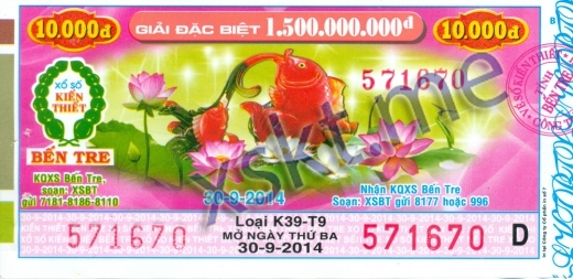 Mẫu vé sô xổ số Bến Tre ngày 30/9/2014