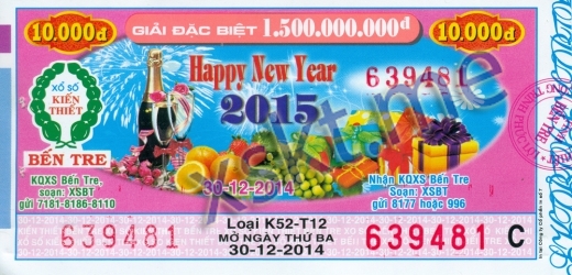 Mẫu vé sô xổ số Bến Tre ngày 30/12/2014