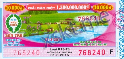 Mẫu vé sô xổ số Bến Tre ngày 31/3/2015