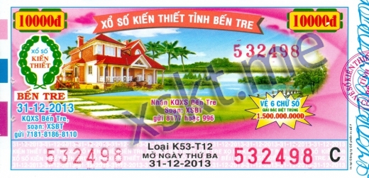 Mẫu vé sô xổ số Bến Tre ngày 31/12/2013