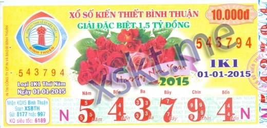 Mẫu vé sô xổ số Bình Thuận ngày 1/1/2015
