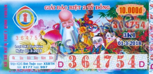 Mẫu vé sô xổ số Bình Thuận ngày 1/3/2018