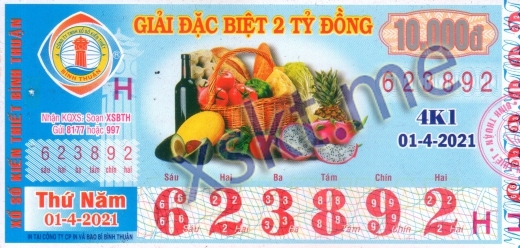 Mẫu vé sô xổ số Bình Thuận ngày 1/4/2021
