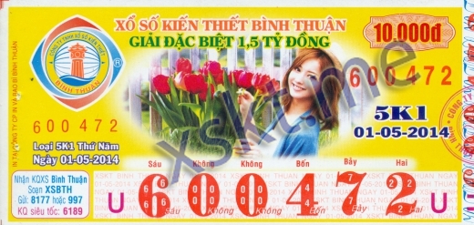 Mẫu vé sô xổ số Bình Thuận ngày 1/5/2014