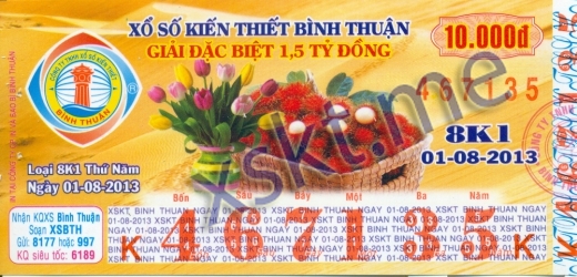Mẫu vé sô xổ số Bình Thuận ngày 1/8/2013