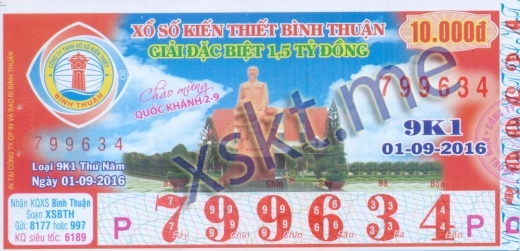 Mẫu vé sô xổ số Bình Thuận ngày 1/9/2016