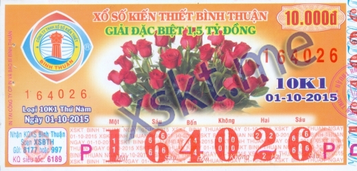 Mẫu vé sô xổ số Bình Thuận ngày 1/10/2015
