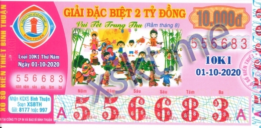 Mẫu vé sô xổ số Bình Thuận ngày 1/10/2020