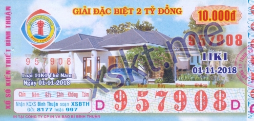 Mẫu vé sô xổ số Bình Thuận ngày 1/11/2018