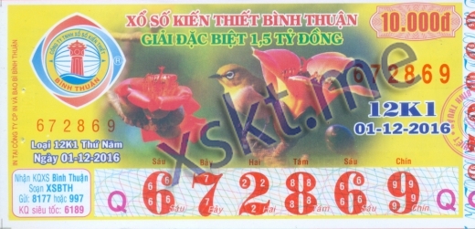 Mẫu vé sô xổ số Bình Thuận ngày 1/12/2016
