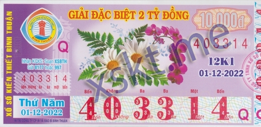 Mẫu vé sô xổ số Bình Thuận ngày 1/12/2022