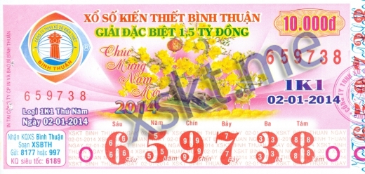 Mẫu vé sô xổ số Bình Thuận ngày 2/1/2014