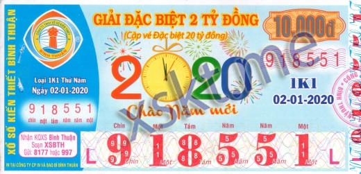 Mẫu vé sô xổ số Bình Thuận ngày 2/1/2020
