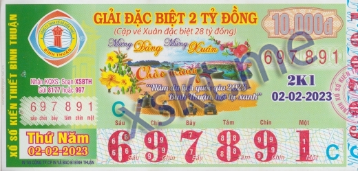 Mẫu vé sô xổ số Bình Thuận ngày 2/2/2023