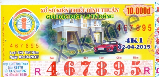 Mẫu vé sô xổ số Bình Thuận ngày 2/4/2015