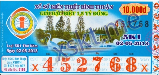 Mẫu vé sô xổ số Bình Thuận ngày 2/5/2013