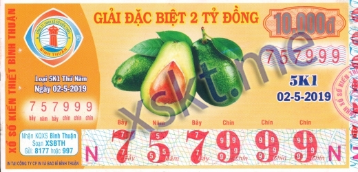 Mẫu vé sô xổ số Bình Thuận ngày 2/5/2019