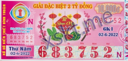 Mẫu vé sô xổ số Bình Thuận ngày 2/6/2022