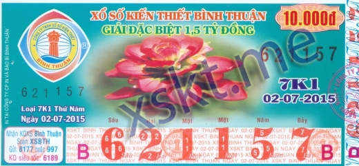 Mẫu vé sô xổ số Bình Thuận ngày 2/7/2015