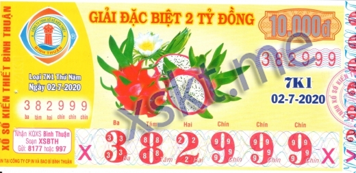 Mẫu vé sô xổ số Bình Thuận ngày 2/7/2020
