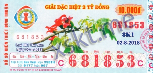 Mẫu vé sô xổ số Bình Thuận ngày 2/8/2018