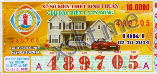 Mẫu vé sô xổ số Bình Thuận ngày 2/10/2014