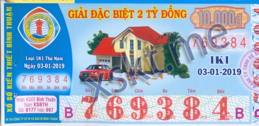Mẫu vé sô xổ số Bình Thuận ngày 3/1/2019