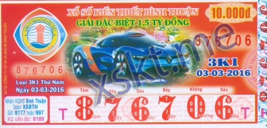 Mẫu vé sô xổ số Bình Thuận ngày 3/3/2016